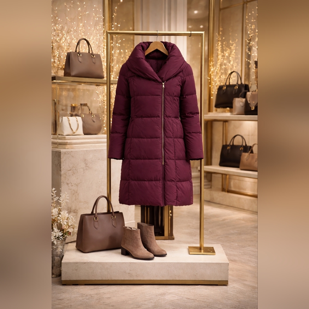 Cole Haan Long Quilted Puffer Coat Merlot XL Water Resistant Portrait Collar NWT